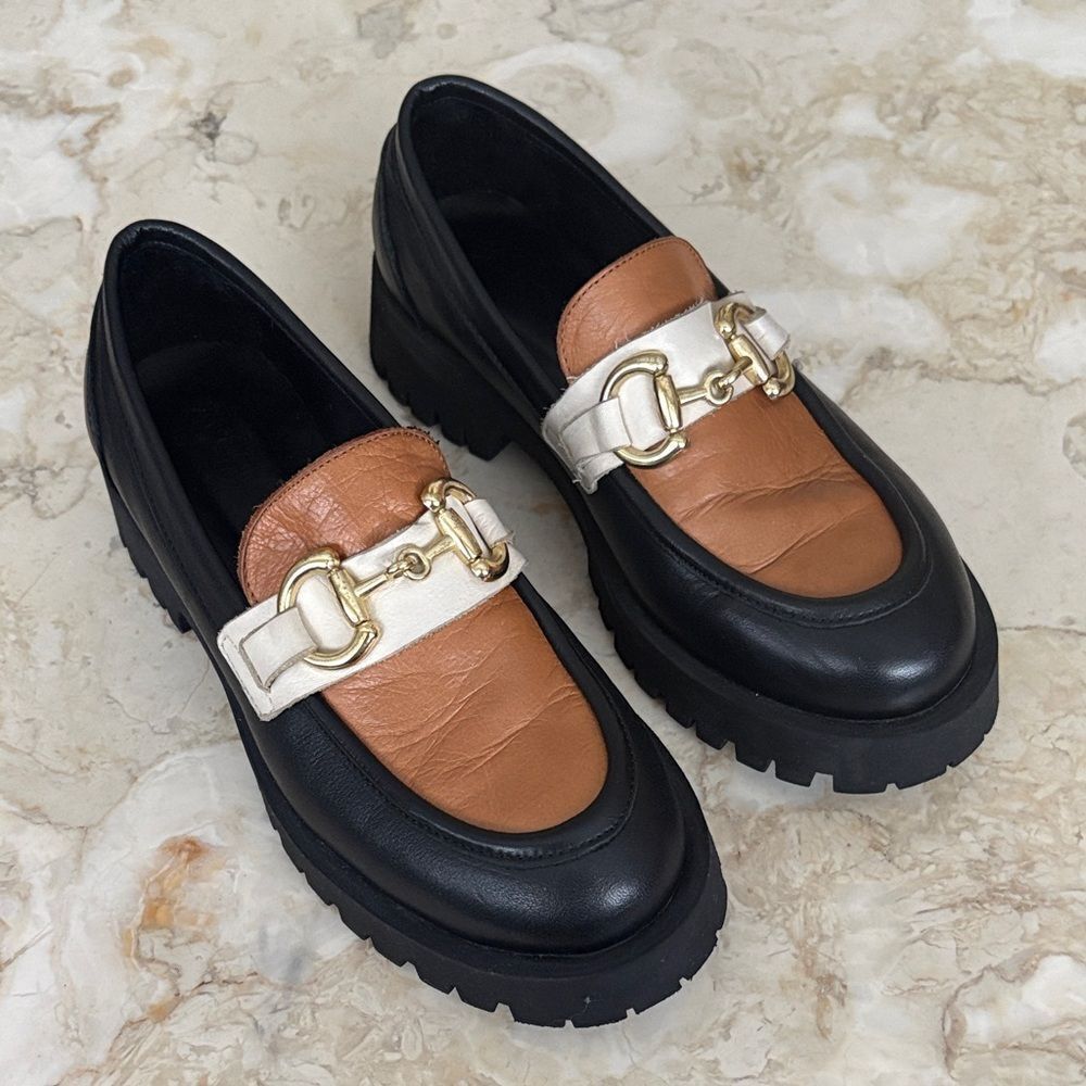 Roamers Nala Black/Lion Leather Horsebit Chunky Loafers